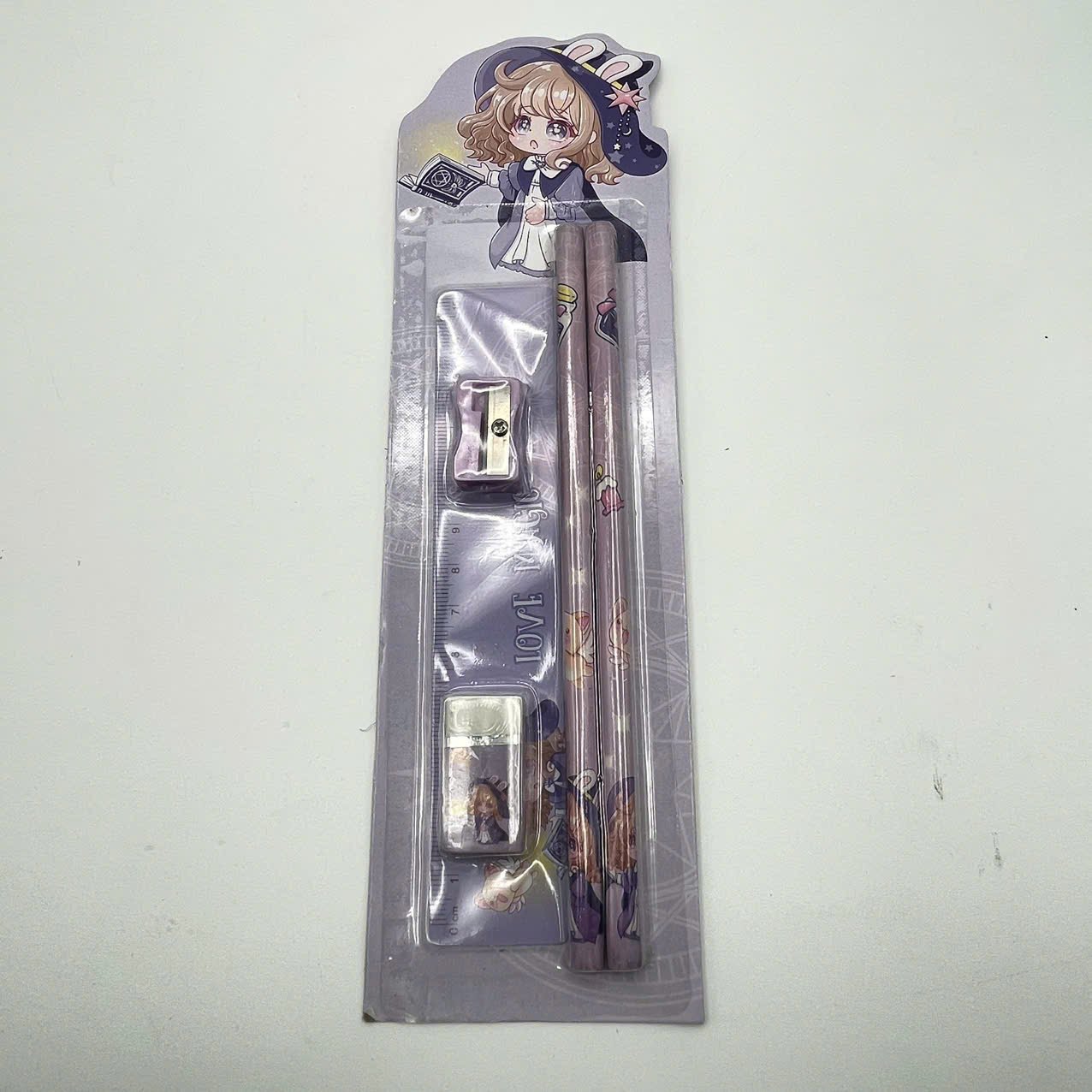 Combo bút chì thước kẻ tẩy gọt bút chì màu tím